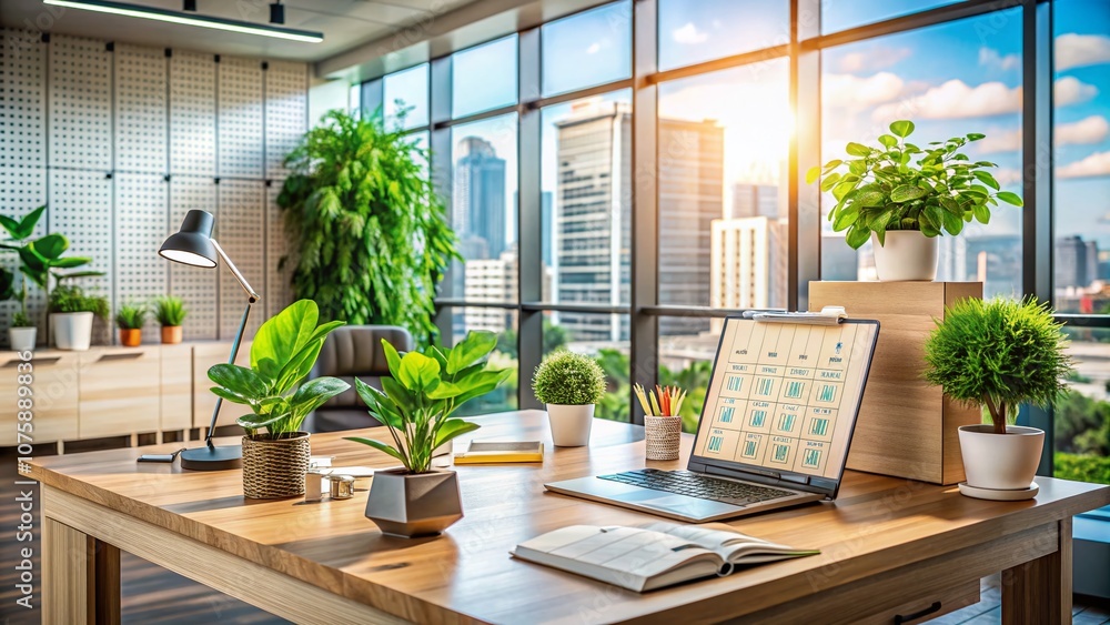 Poster modern office hours template with panoramic view of a sleek workspace featuring a calendar, clock, a