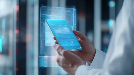 A person holding a futuristic smartphone displaying holographic data in a high-tech environment.