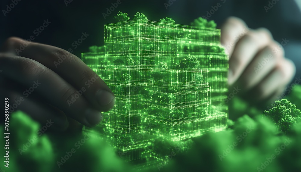 Poster a glowing, green, digital structure is being manipulated by hands, symbolizing technology and innova