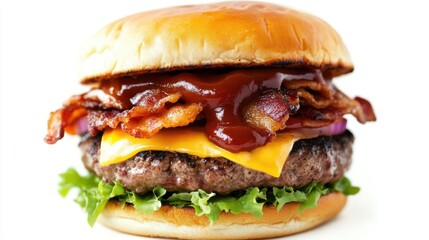 An indulgent burger with two patties, cheese, bacon, and barbecue sauce