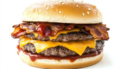 An indulgent burger with two patties, cheese, bacon, and barbecue sauce