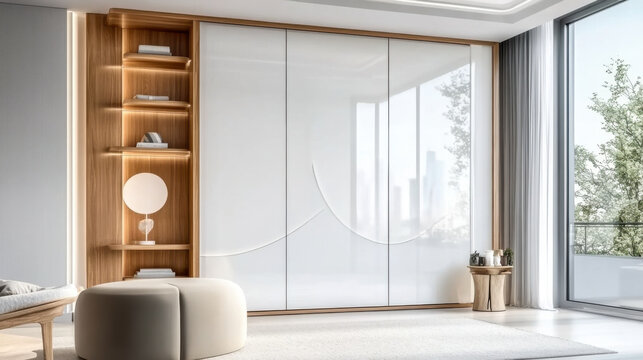 White bedroom Wooden wardrobe with glossy sliding doors in minimalist style interior design