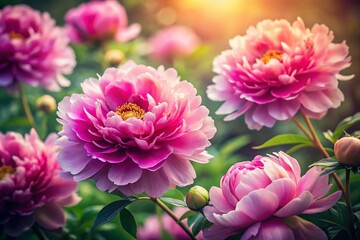 Fototapeta premium National Trend Peony Flower Illustration in Chinese Style with High Depth of Field Capturing the Intricacies and Beauty of Meticulous Peony Blooms in Lush Natural Setting