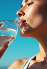 Refreshing Hydration: Close-up of Person Drinking Water from Plastic Bottle, Mouth and Lips in Focus, Light Clothing, Blue Background, Natural Lighting, Skin Texture, Cool Water, Wide Opening, Movemen