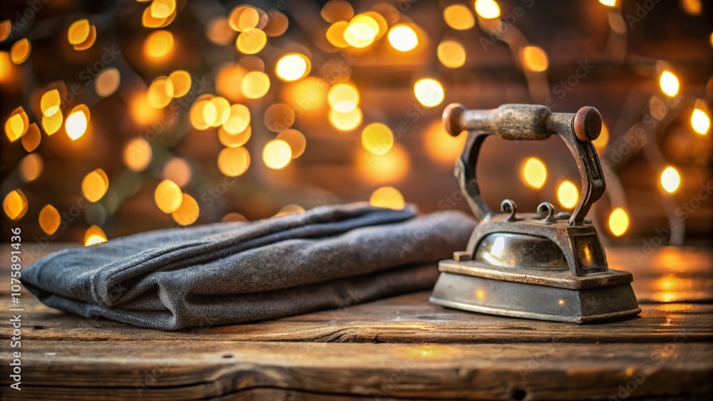 Poster nostalgic vintage iron for clothes on a rustic table with bokeh effect creating a dreamy atmosphere 