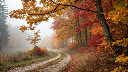 Fototapeta premium A path winding through a misty autumn forest, path, misty, autumn, forest, trees, foliage, tranquil, peaceful, nature