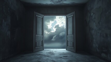 Obraz premium A surreal scene featuring an open door leading to a cloudy sky, suggesting possibilities and exploration.