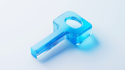 Glass key representing security, access, and solutions on blue background