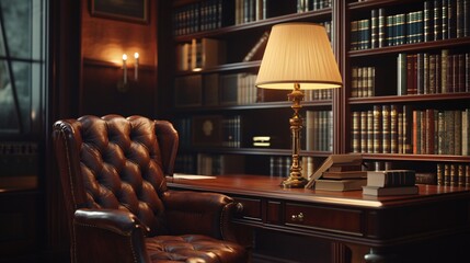 Classic vintage library with leather chair and desk in elegant study room.