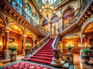 Obraz premium Opulent Mansion Interior Featuring a Luxurious Grand Staircase, Elegant Double Stairway bathed in Sunlight, and Regal Architectural Details in a Palace Foyer