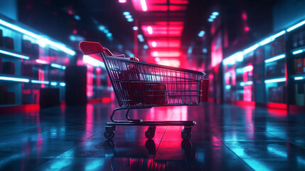 Shopping cart with groceries in futuristic neon-lit supermarket aisle