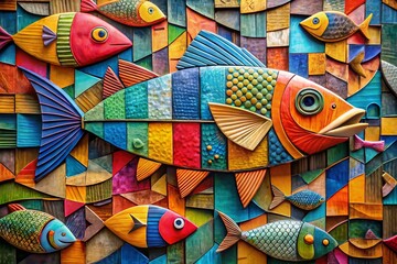 Obraz premium Panoramic Abstract Cubism Artwork Featuring Fish Crafted from Cut Cardboard in a Simple Flat Design, Showcasing Unique Textures and Shapes for Modern Artistic Spaces