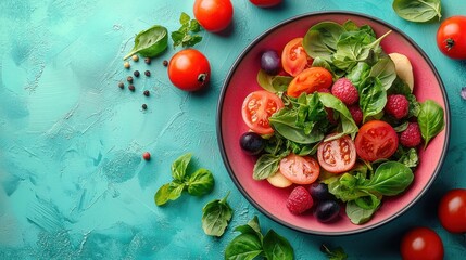 Colorful mixed salad with fresh tomatoes, berries, leafy greens, and grapes in a vibrant bowl, creating a visually appealing healthy dish.