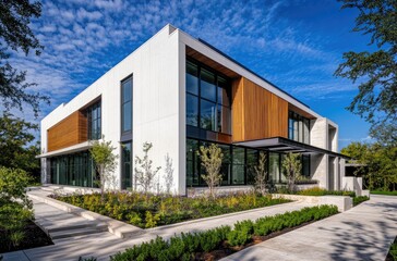 A modern two-story house with white stucco walls, wooden slats on the sides of each window and door, glass windows in front, and greenery around it.