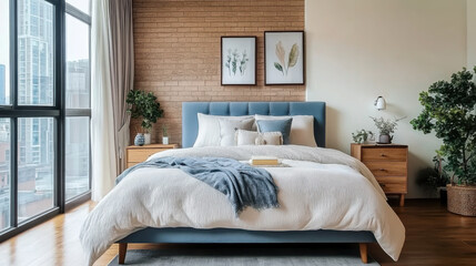 Wooden blue bed grey fabric headboard Loft interior design
