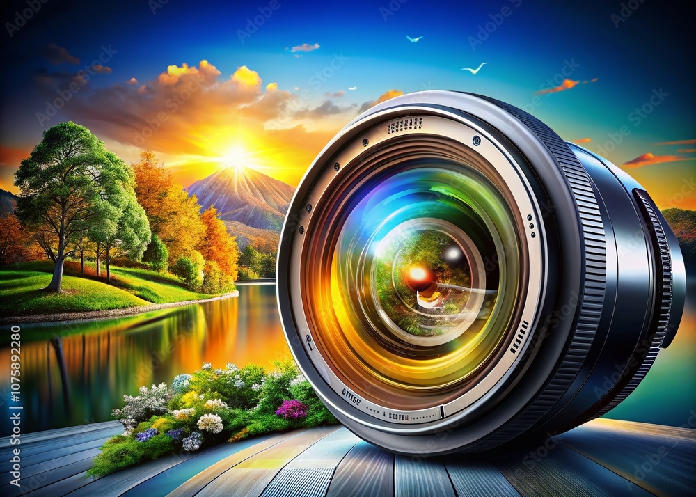 Poster panoramic view of a modern objective lens with vector elements for educational and creative use in p