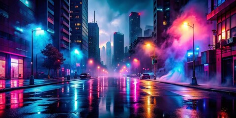 Fototapeta premium Panoramic View of a Dark City Street with Wet Asphalt Reflecting Neon Lights and Smoke, Abstract Light Effects for Urban Night Scene Wallpaper