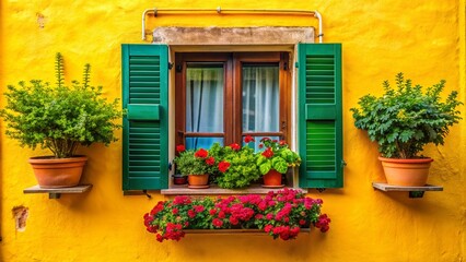 Panoramic View of a Charming Italian Window with Green Wooden Shutters Against a Vibrant Yellow Wall, Capturing the Essence of Italy's Rustic Architecture and Colorful Streets