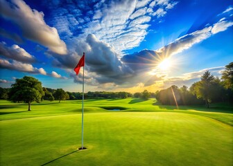 Panoramic View of a Golf Course with a Vibrant Golf Flag Marking the Hole Against a Blue Sky, Inviting Enthusiasts to Enjoy the Game and Scenic Landscape