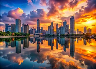 Fototapeta premium Panoramic View of a Vibrant Urban Landscape at Sunset with Striking Skyscrapers and Reflective Water Bodies, Ideal for Showcasing City Life and Modern Architecture