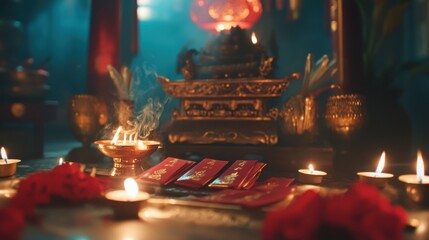 Obraz premium Angpao envelopes placed on a traditional shrine's altar during