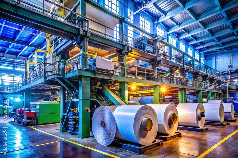 Poster panoramic view of the newspaper printing process in a modern factory, showcasing high-speed presses,
