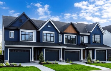 new townhouses with dark blue and white exterior walls, nestled in the heart of a dangerous neighborhood