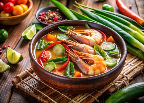 Panoramic View of Sinigang Na Hipon: Traditional Filipino Prawn Soup with Fresh Vegetables Served in a Rustic Setting