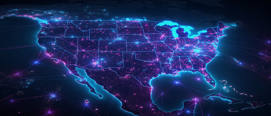 Digital Map of USA with Connected Cities and States