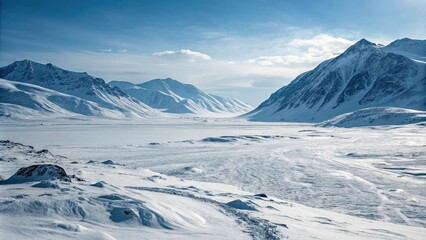 Frozen distant planet with icy terrain and snow-covered mountains, frozen, distant, planet, icy, terrain, snow-covered
