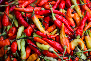 Pile of fresh red chili peppers and Cayenne pepper. Food ingredients