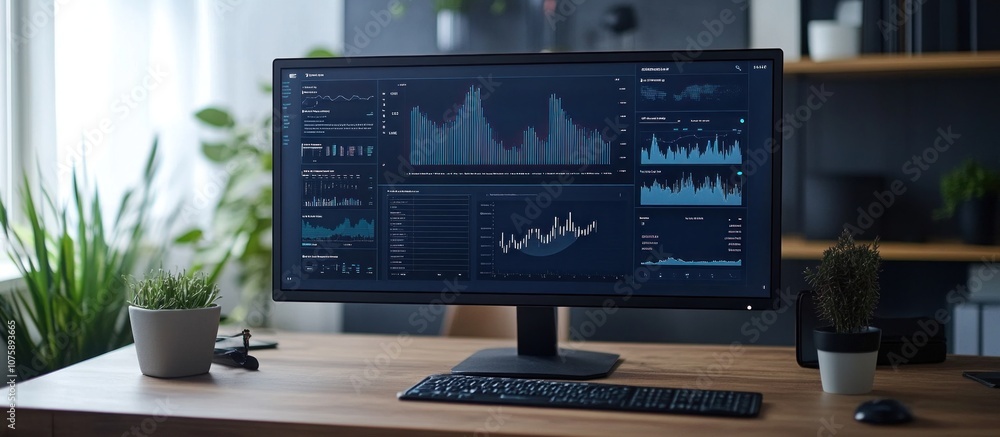 Poster a computer monitor displays various graphs and charts on a wooden desk with a keyboard and houseplan