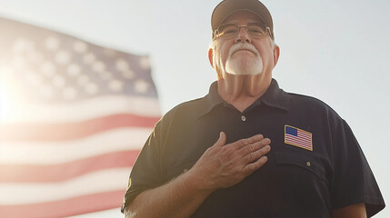 Veteran's Reverence: A portrait of a senior American veteran, hand on heart, with a softly waving US flag in the background. A respectful tribute to service and patriotism. 