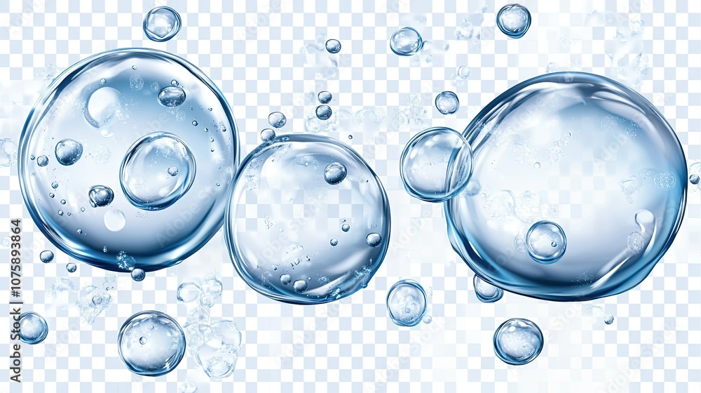 Poster crisp water bubbles floating upward on a transparent background, creating a light and refreshing vib