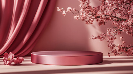 Elegant display setup featuring a pink circular platform with cherry blossoms and draped fabric