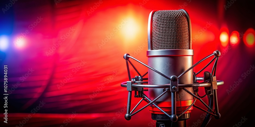 Poster recording studio microphone on bold red background ideal for podcast or radio broadcast website bann