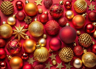 Red and Gold Christmas Decorations: A Festive Arrangement on a Vibrant Red Background for Holiday Cheer and Inspiration