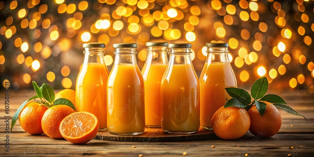 Poster refreshing bottles of orange juice with a beautiful bokeh effect, capturing the vibrant color and fr