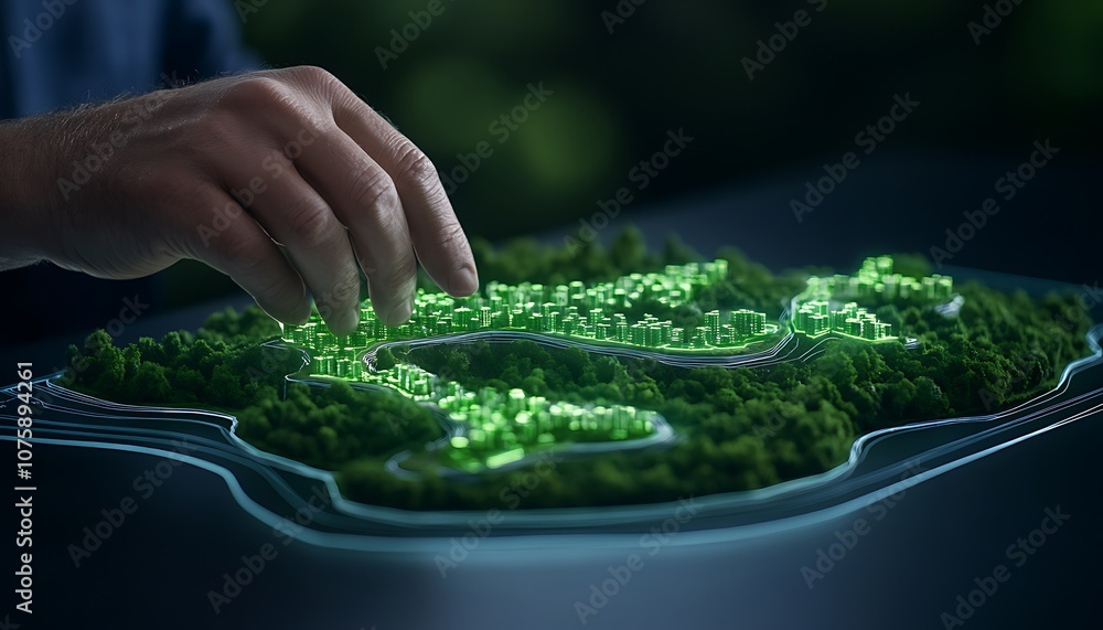 Aufkleber A hand interacts with a glowing green model of a landscape, showcasing a blend of nature and technology in a creative digital representation.