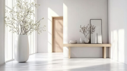 Bright interior design of modern entrance hall with door and wooden console table