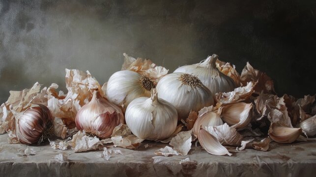64.A still life of garlic and onions surrounded by their discarded skins, arranged on a flat surface. The papery skins are spread out haphazardly around the bulbs, adding texture and depth to the