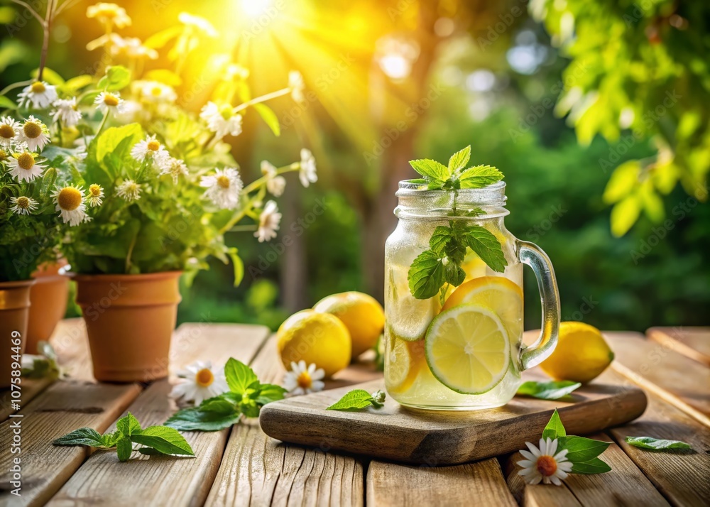 Poster refreshing summer lemonade in a mason jar with mint and lemon slices perfect for a sunny day, evokin