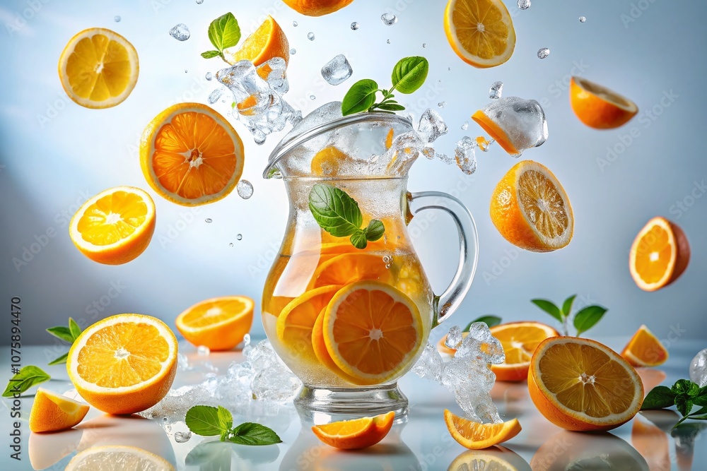 Poster refreshing splash: slices of orange and ice cubes cascading into a jug against a clean white backgro