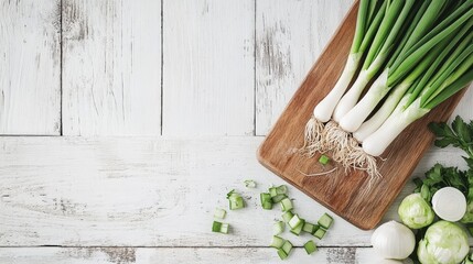 70.A top view of spring onions spread across a cutting board, sitting on a white wooden table. The rich textures of the onions and the natural grain of the cutting board are highlighted, emphasizing