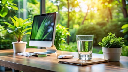 Fototapeta premium Refreshing Glass of Water on a Minimalist Desk Setup with Greenery and Natural Light for a Productive Atmosphere