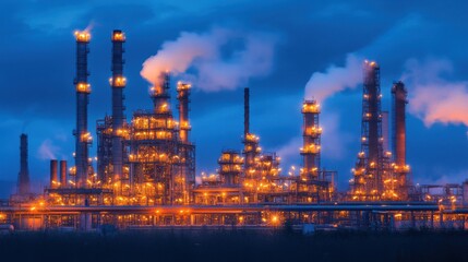 Obraz premium Close-up of refinery towers and pipelines glowing under bright