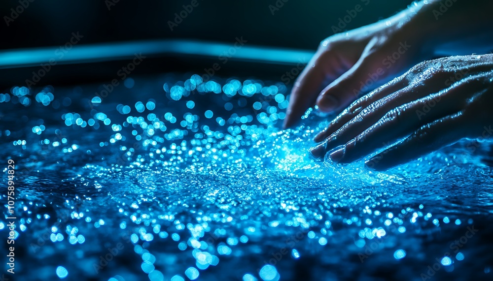 Fototapete A pair of hands interacts with shimmering water, creating ripples and reflecting captivating blue light, evoking a sense of tranquility and connection to nature.