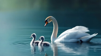 Fototapeta premium a swan swimming with two cygnets in tranquil blue water