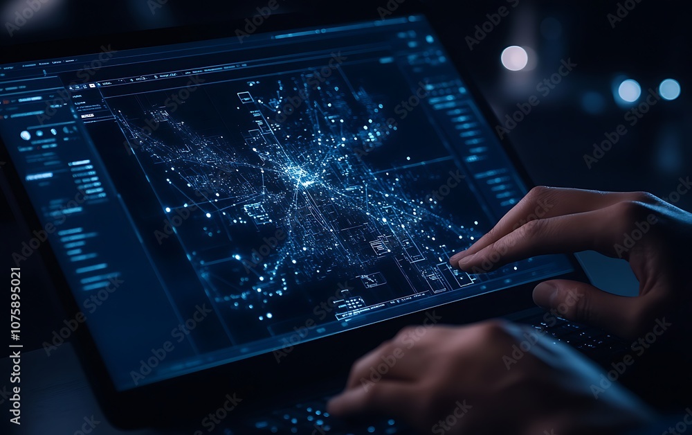 Poster A person interacts with a high-tech tablet displaying a complex, glowing data visualization in a dark environment.