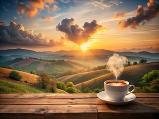 Romantic Coffee Landscape for Valentine's Day Greeting Card with Heart-Shaped Clouds and Warm Colors in a Cozy, Serene Setting